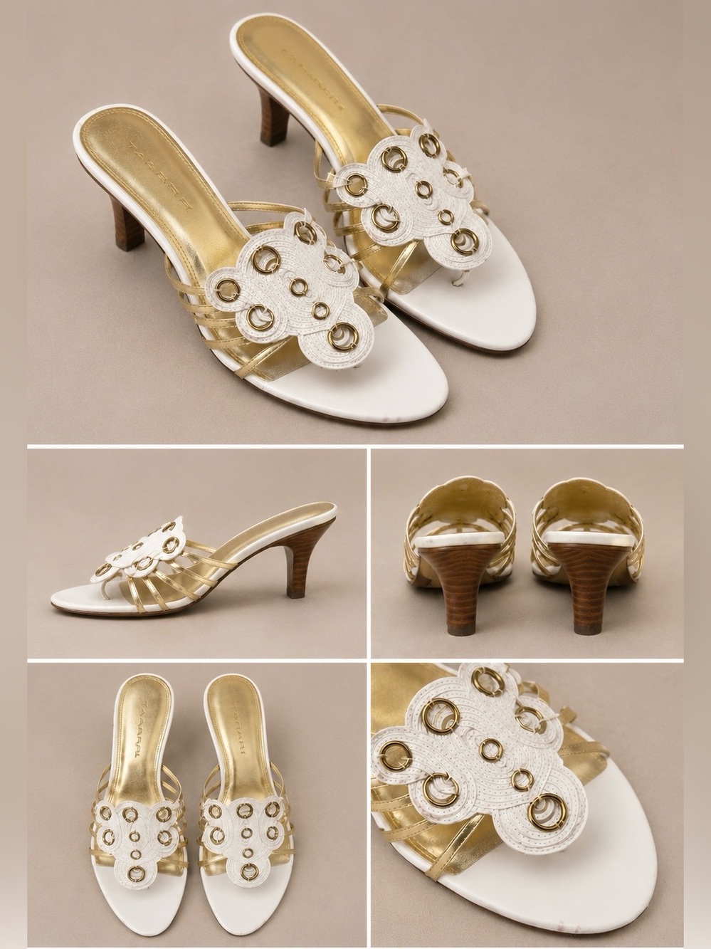 Tahari Y2K Leather Peep Toe Strappy Kitten Heel Sandals White Size 10